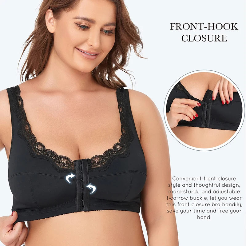 Women Plus Size Sports Bra Front Closure Full Coverage Lace Underwear Thin Mold Cup Bras Back Support Shapewear Wide Strap Vest