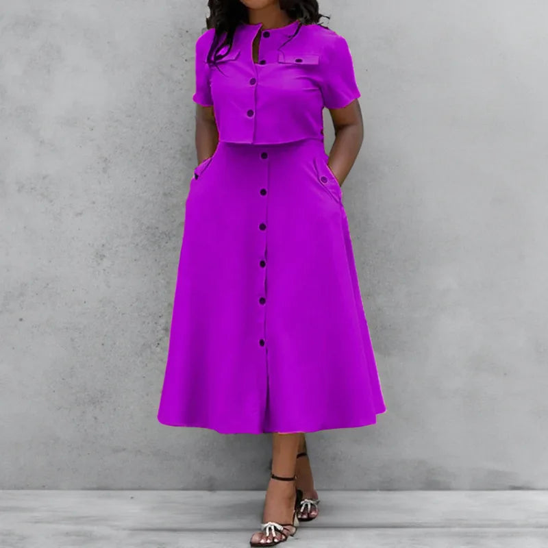 Women Top Skirt Set Summer Short Sleeve O-Neck Button Shirt + Midi Skirt Two 2 Piece Set. S-3X
