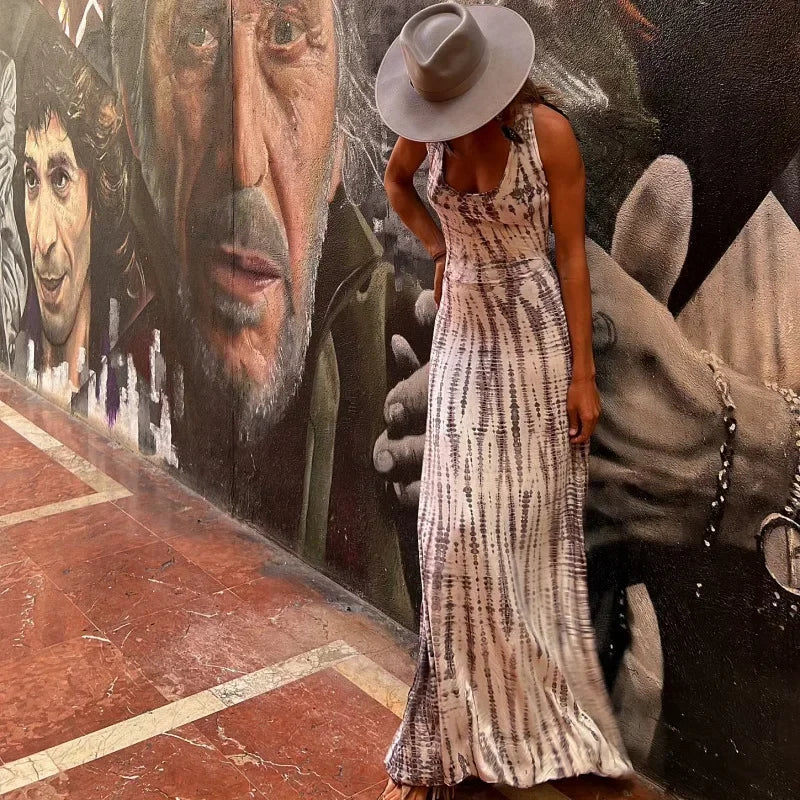 Women Sexy Print Dress Backless Cross Sleeveless Spring Summer Thin Casual Multiple Patterns Long dress.