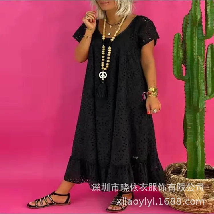 Women Dress Lace Hollow Spliced Casual Long Ruffle Solid Loose Summer Dress 2025. S-3X