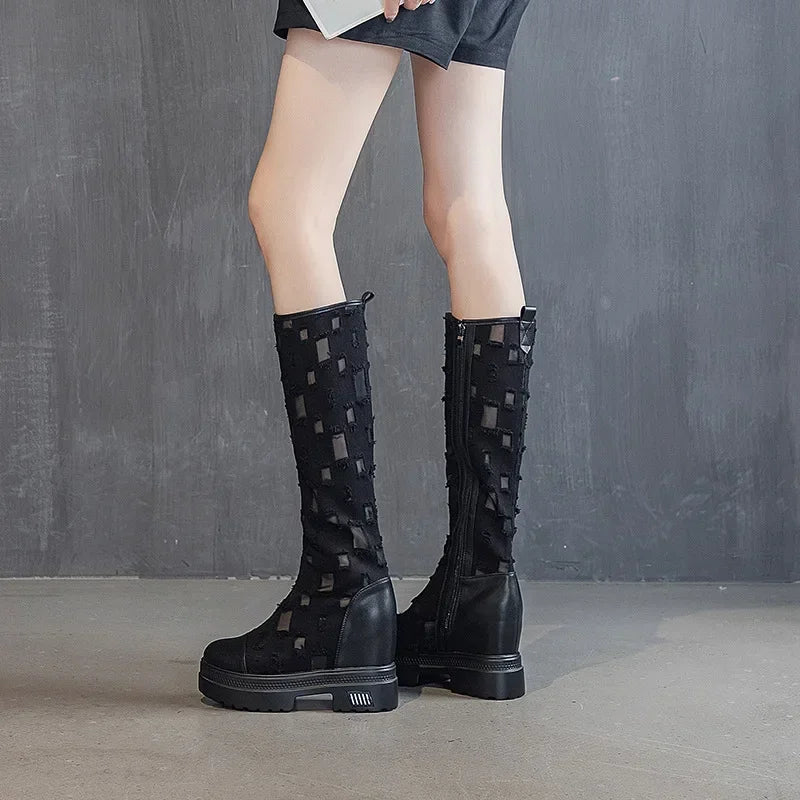 Trendy Boots for Women Summer Denim Canvas Thick Soled Breathable Hollow Mesh Inner Heightening