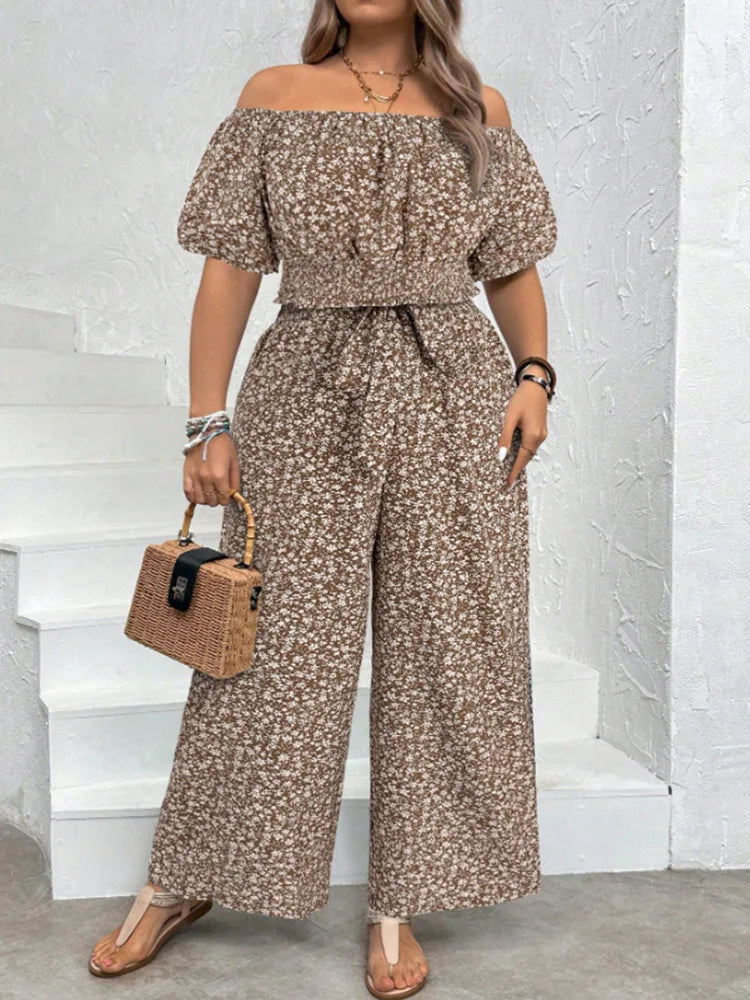 Plus Size Woman Outfit Floral Off Shoulder Crop Top Casual Wide-leg Pants Summer Two Piece Set