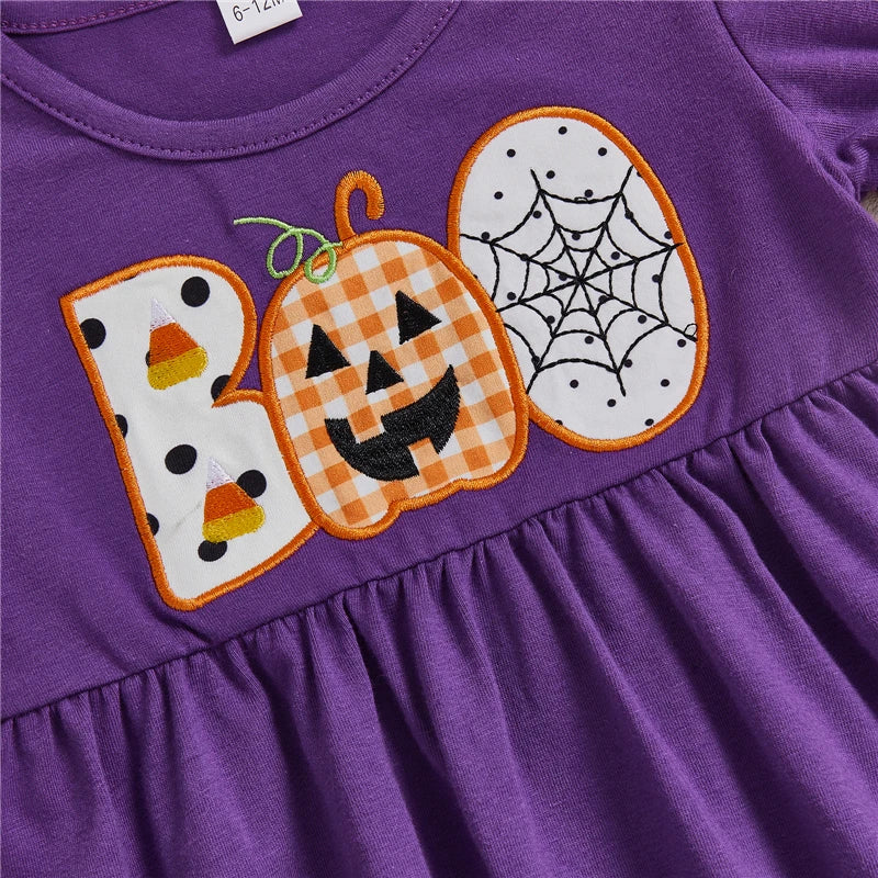 Toddler Baby Girl Halloween Outfit Pumpkin Letter Embroidery Short Sleeve Babydoll Tops Dot Ruffled Long Pants 2Pcs Set.