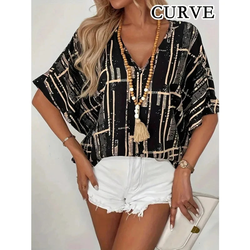 Plus Size 1XL-5XL Women's Fashion Print V-Neck Bat-wing Sleeve Blouse Casual Short Sleeve Summer Shirt.