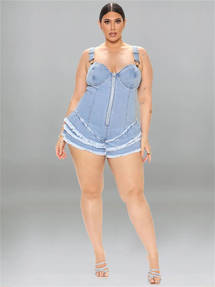 Plus Size Denim Jumpsuit Summer Sexy Slip Zipper Up Fit Romper