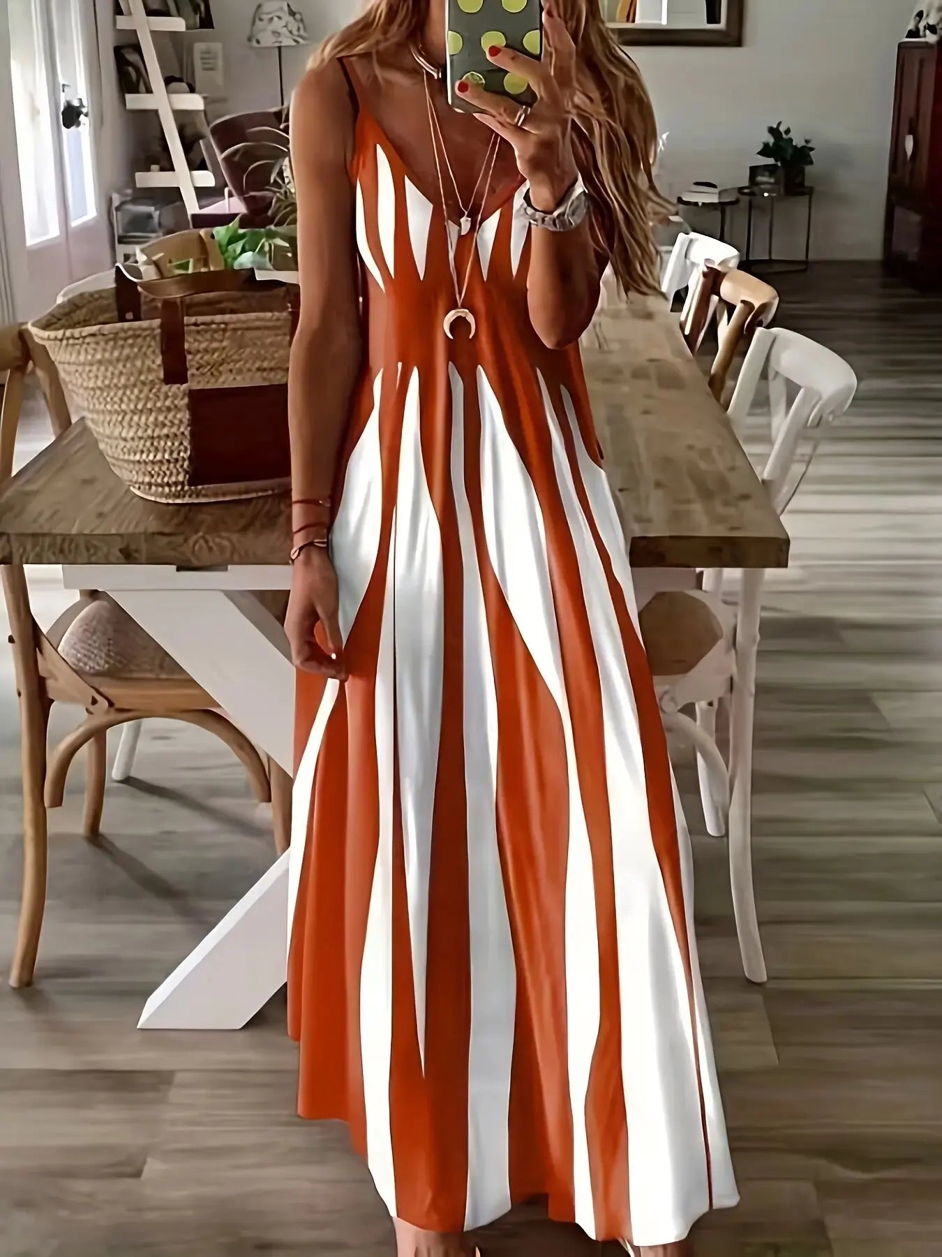 Woman's printed spring/summer new V-neck long dress. S-XXL