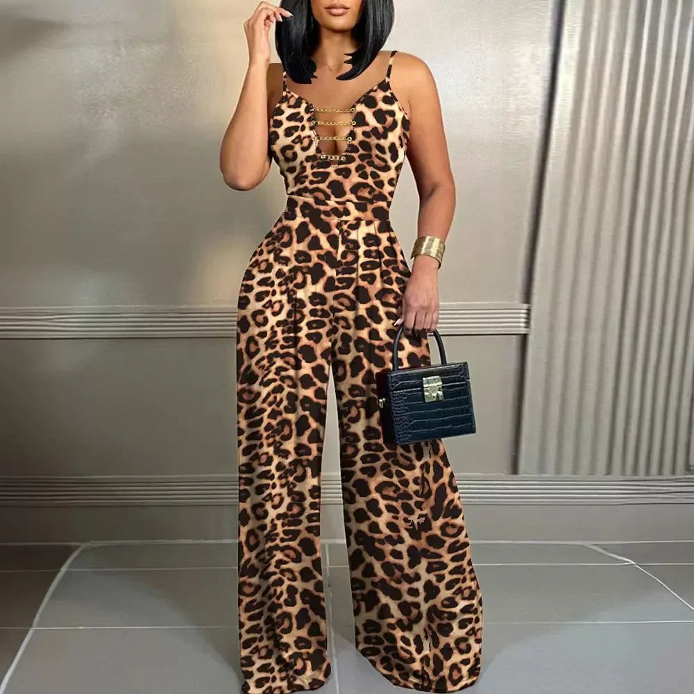Leopard Print Chain Strap Plunge Jumpsuit Summer Sleeveless V Neck High Waist Jumpsuit. S-XL