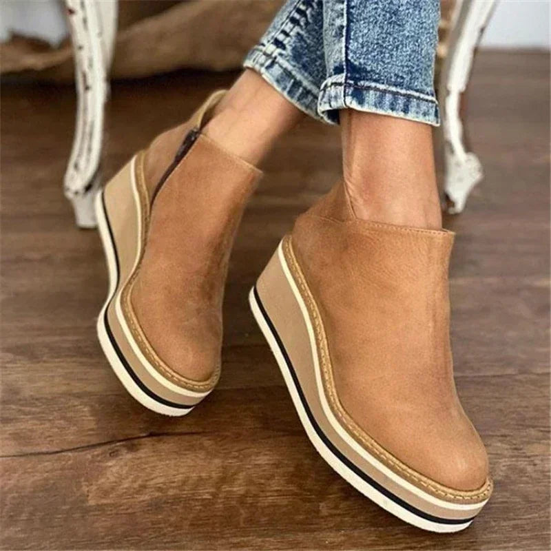 Wedges Women's Ankle Platform Booties Comfortable Zipper Leather Shoes