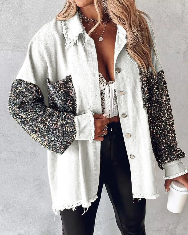 Women’s Turn-down Collar Jackets Contrast Leopard Sequin Patchwork Long Sleeve Jacket/ Top Button Front Raw Hem Shacket