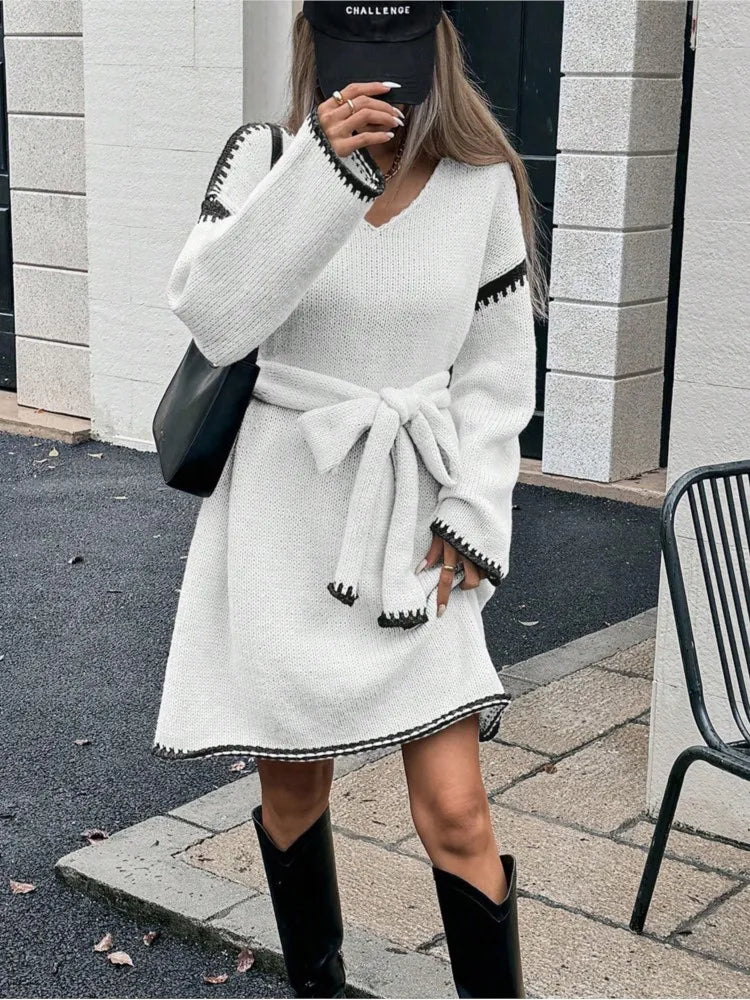 Women's Lace-Up Adjustable Waist Knitted Dress - Casual V-Neck Long Sleeve Midi Dress