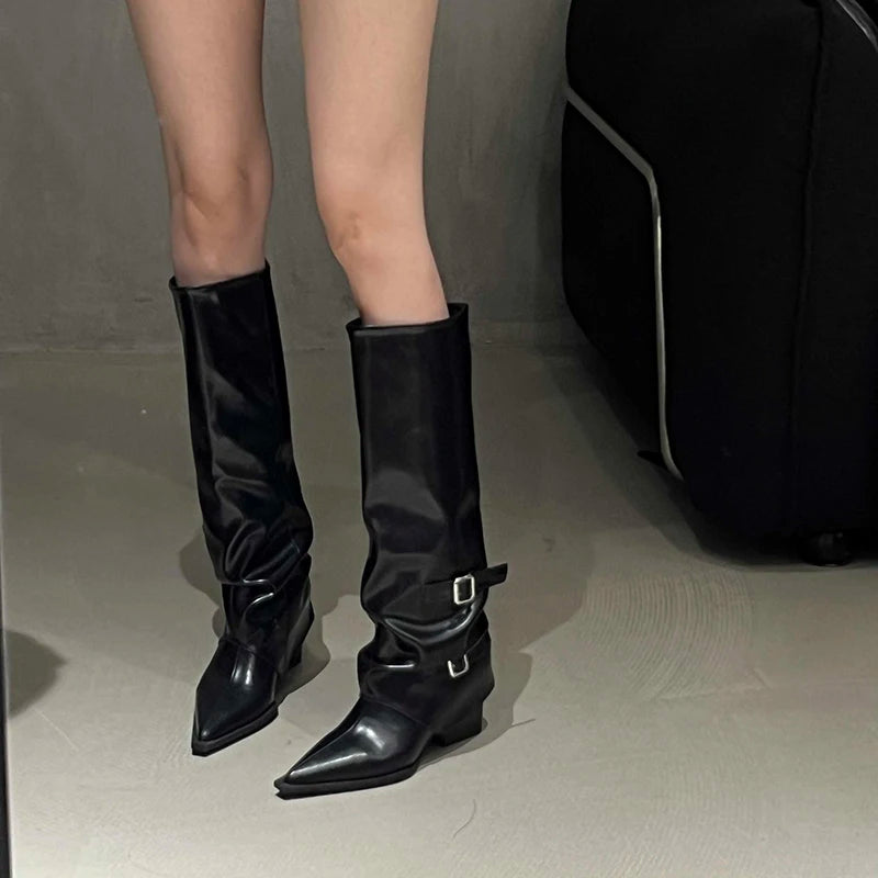 Retro Style Boots Fashion Belt Buckle Autumn Winter Wedge Heel European style