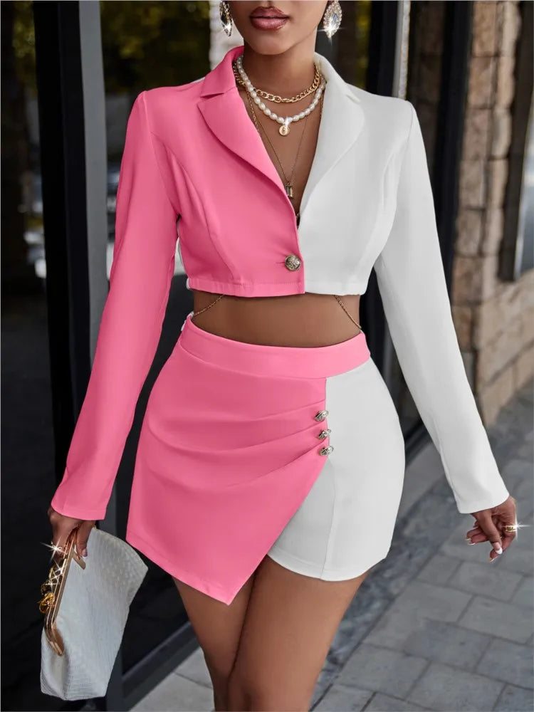 Two Piece Elegant Women's Long Sleeved Shorts Patchwork Jacket High Waist Skort Set