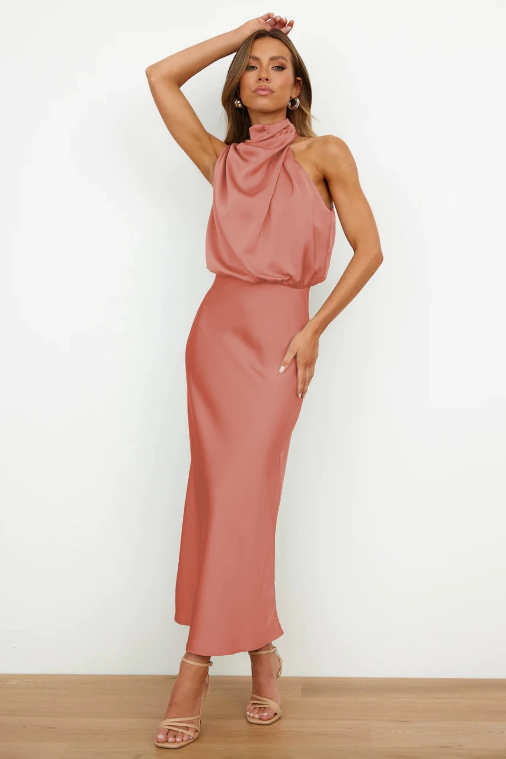 2025 Spring/Summer Long Dress for Women High Waist Halter Satin Sleeveless Elegant Solid Evening Party Dress. S-XL