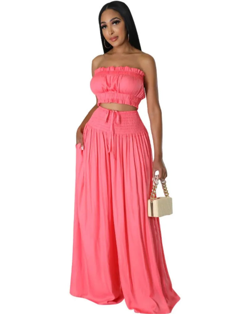 Sexy Ultra Short Breast Wrap And Pants Stylish Ladies 2 Piece Strapless Top + Loose Wide Leg Pant Suit. S-xxL