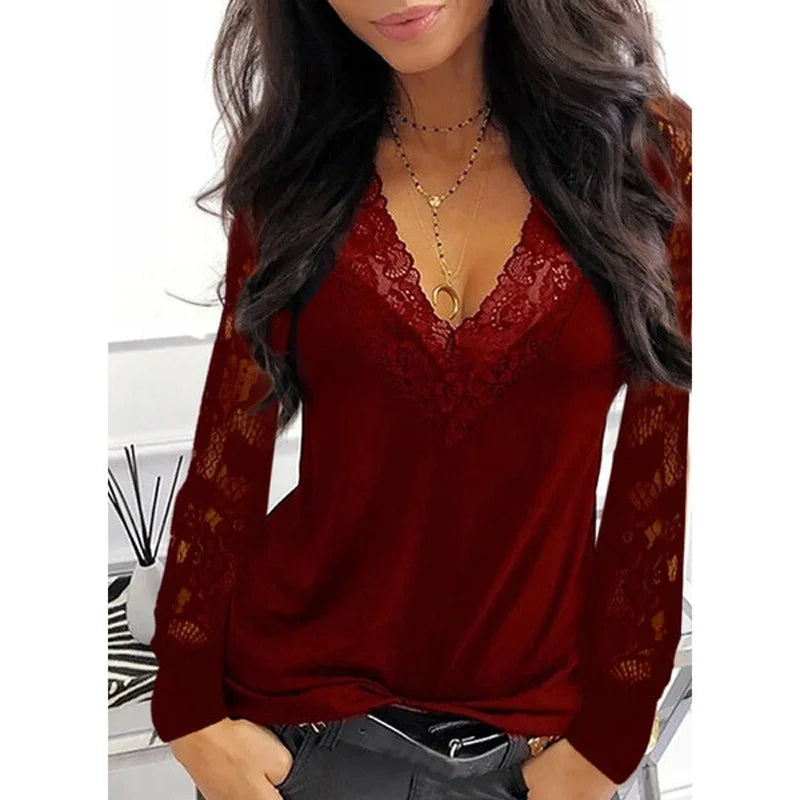 New Ladies Sexy Fashion Lace Slimming V-Neck Shirt. S-3x