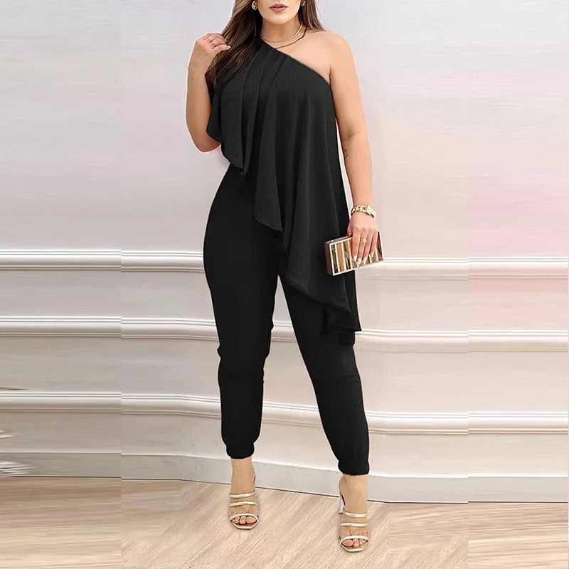 New Pencil Pants Women Summer Printed Fashion Skew Collar Sleeveless Ruffles Jumpsuit. S-2x