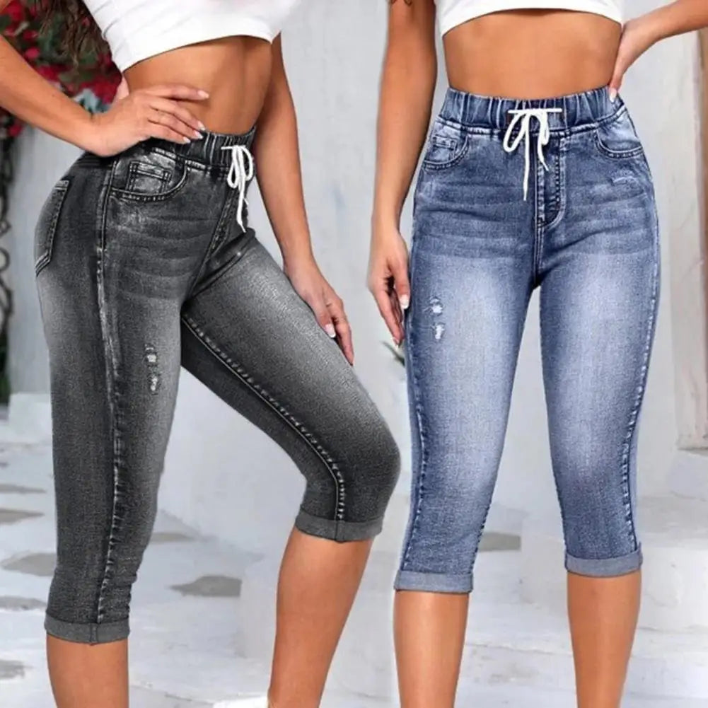 High Waist Vintage Elastic High Waist Drawstring Denim Pants/Capri Jeans Slim Fit. Sz S-2x