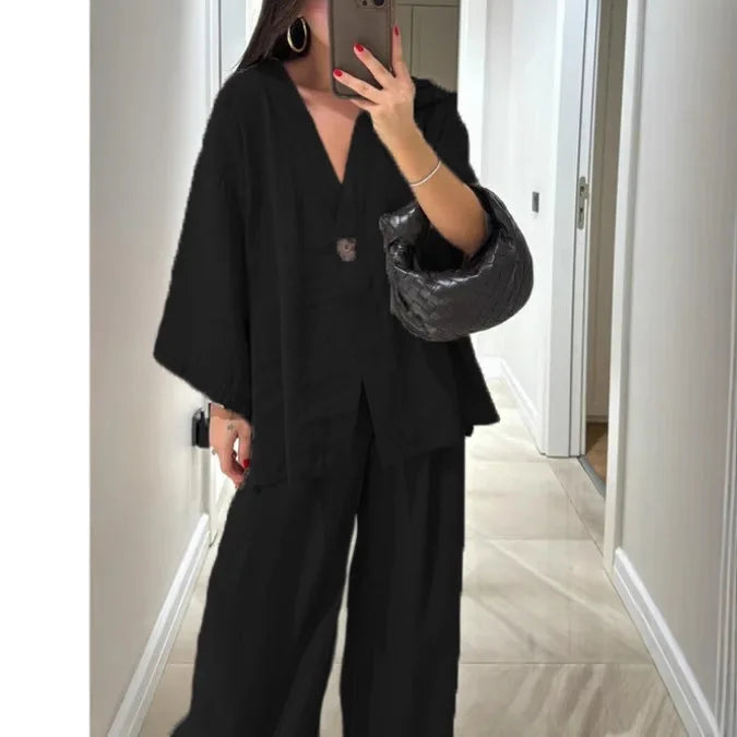 Spring Summer Fashion Cotton Blend Two Piece Set Causal Loose Top Wide Leg Pants 2 Piece Outfit. S-3X