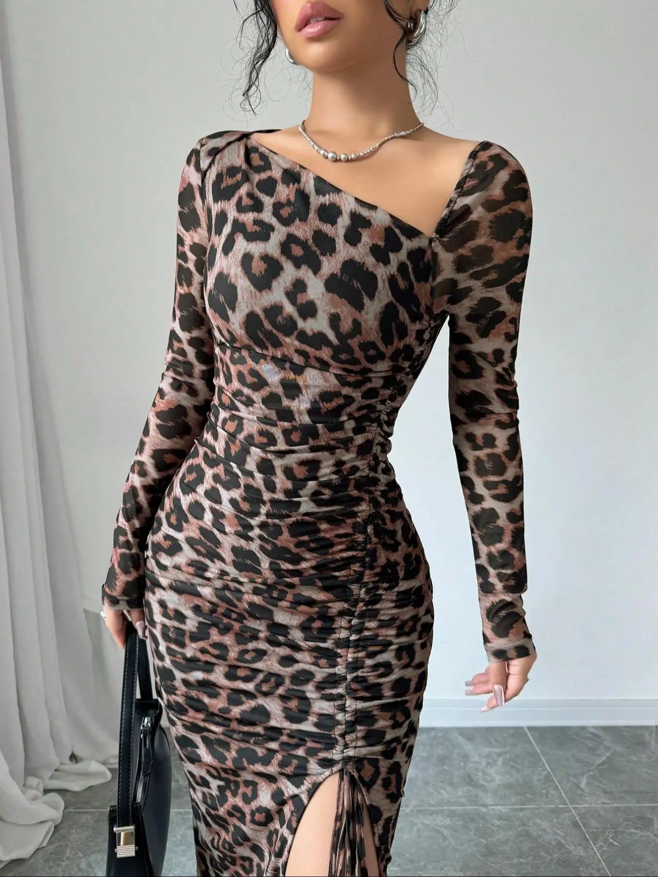 Sexy Leopard Print Fashion Ruffled Sexy Slit Party Dress For Women. S-XL