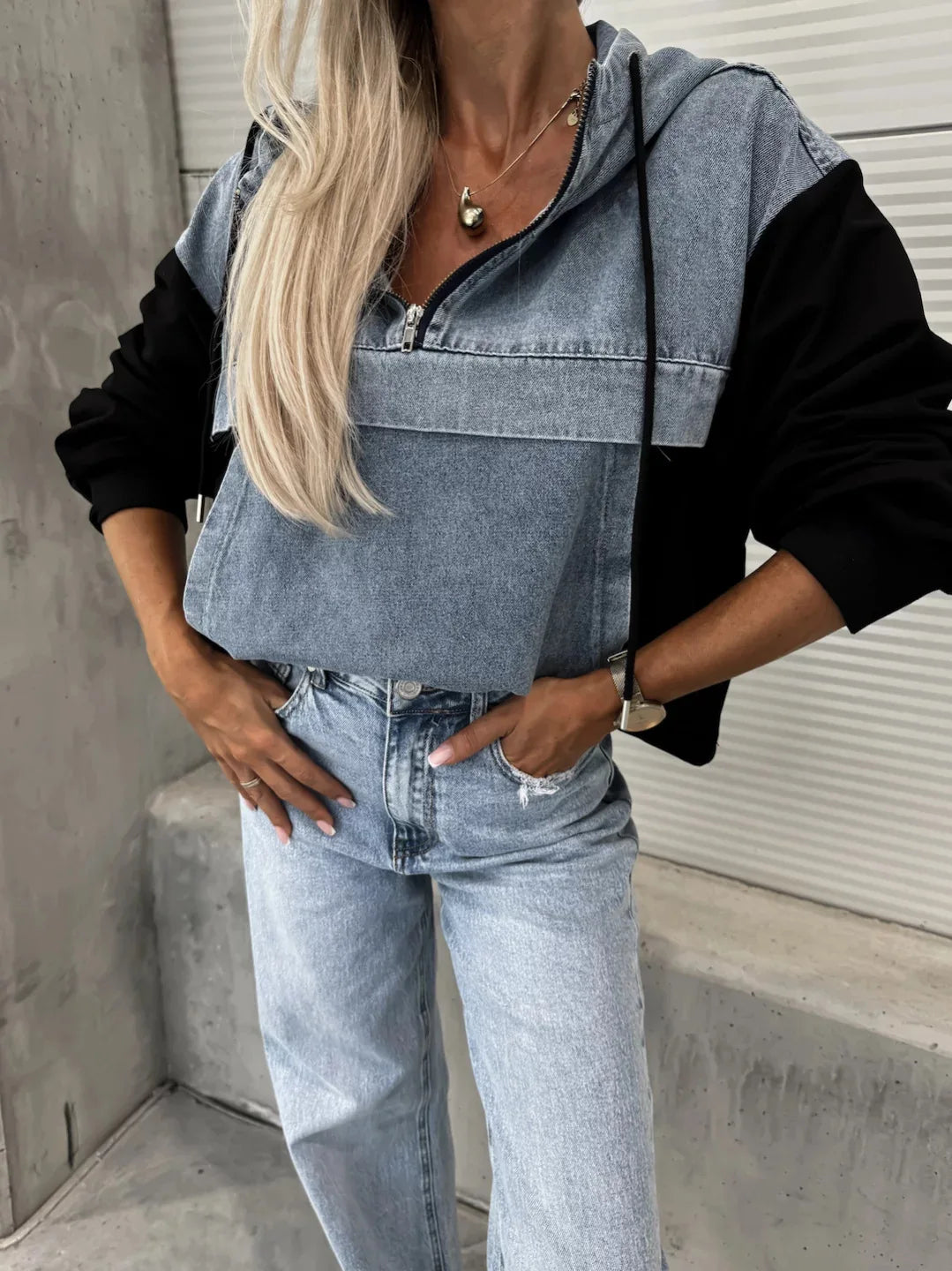 Washed Denim Shirt/ Hoodie Loose Vintage Hooded Pullover Top Patchwork Shirt. S-XXL