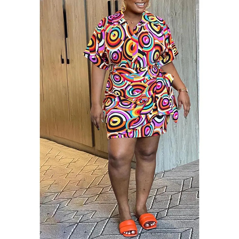Plus Size Print Short Sleeves Lapel Wrap Dress