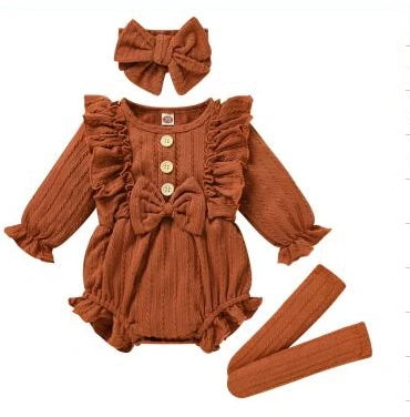0-12M Infant Baby Girls 3Pcs Fall Outfits Long Sleeve Button Front Ruffle Romper + Socks + Headband Set Lovely Baby Girl outfit