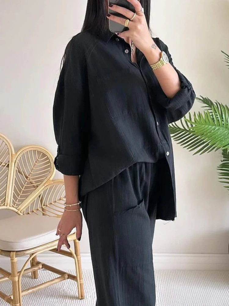 Women's Elegant Cotton Hemp Single Breasted Loose Fit Wide Leg Pants Two Piece Set. Sz: S-xxL