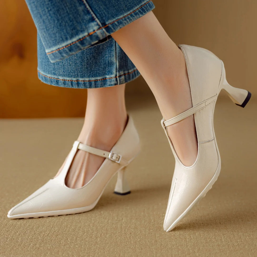 Women's genuine leather pointed toe metal buckle slip-on t-strap pumps elegant ladies 7.5cm thin high heeled daily dress shoes