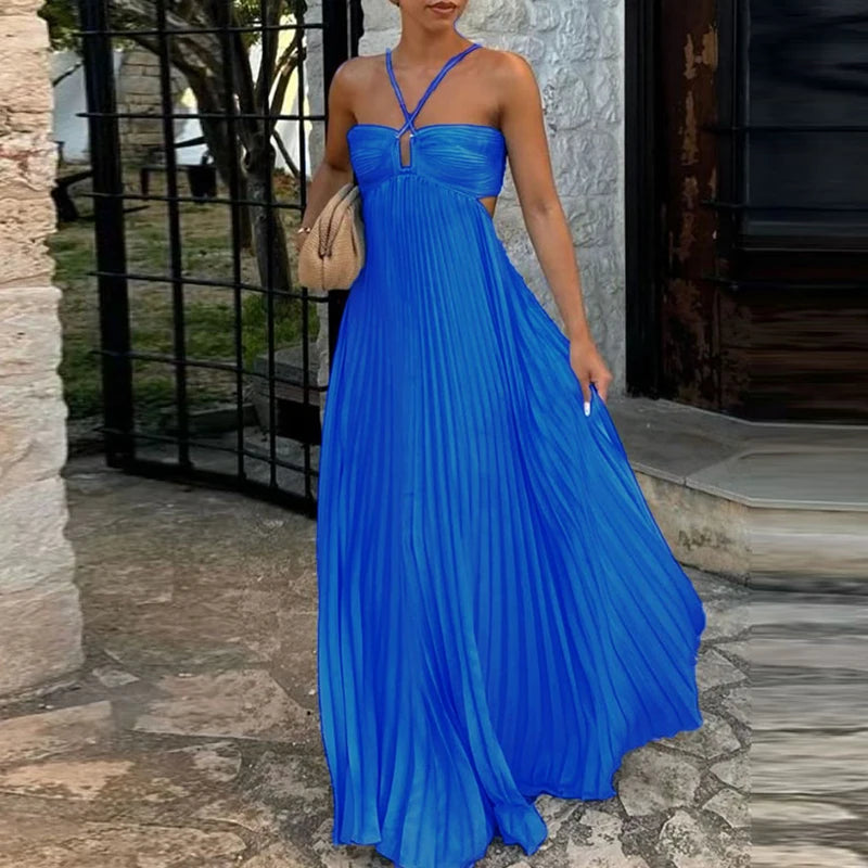 High Waist Pleats Sleeveless Solid Colour Summer Sexy Halter Party Dress. S-XL