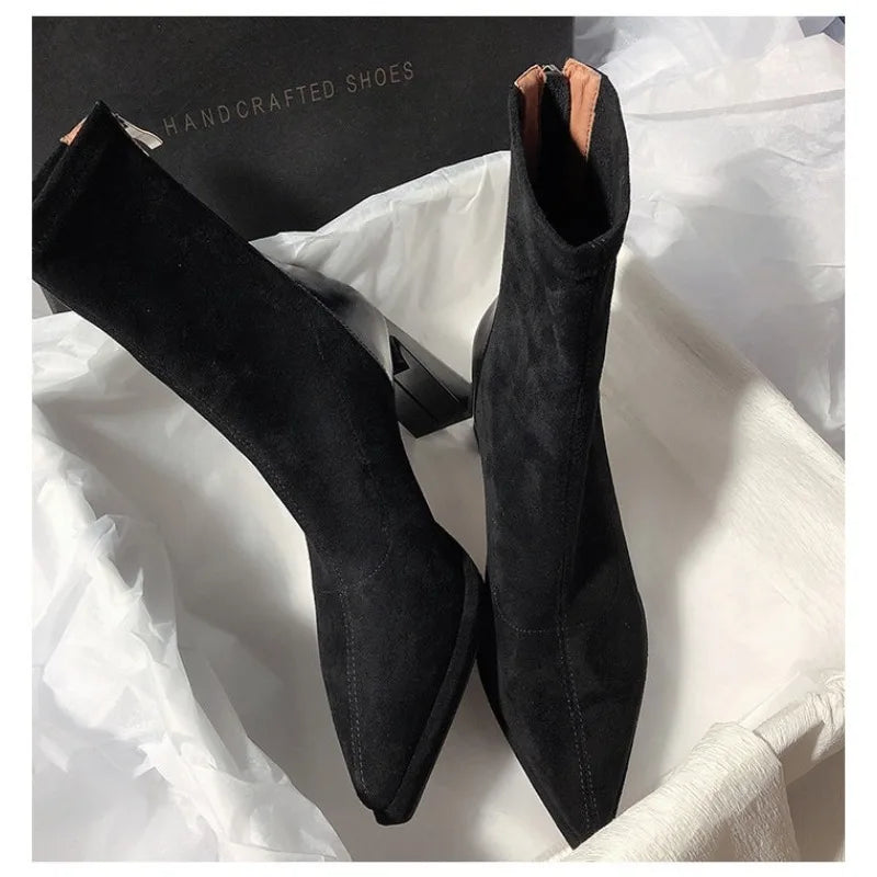 New Women High Heels Pointed Toe Ankle Luxury Boots Suede Chunky Fashion Boot. Zapatos Mujer