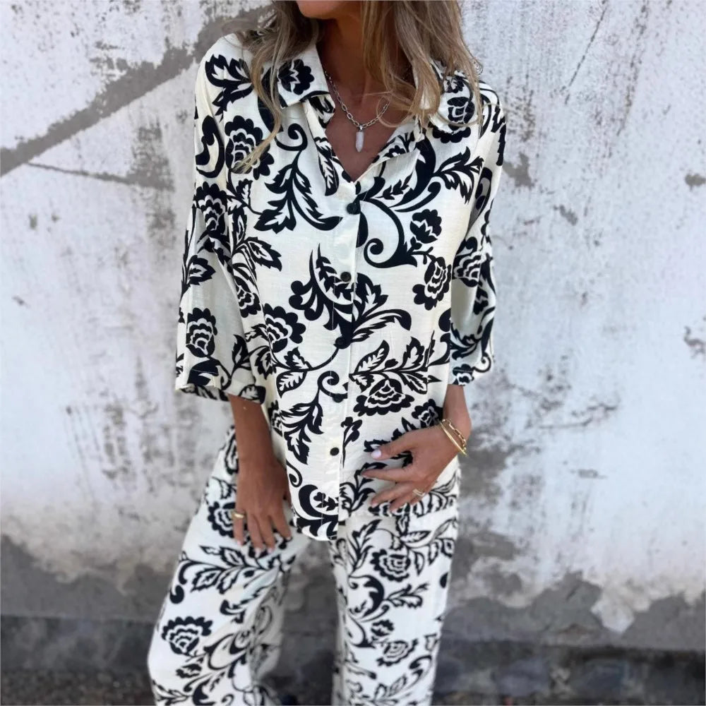 Women's Printed Long-sleeved Shirt And Pants 2piece Elastic Waist Pocket Pants Casual Suit. S-3X