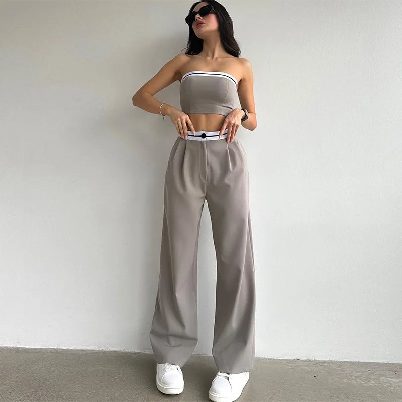 Women's Two-Piece Solid Color Sleeveless Vest Bra & buttoned Pants Summer Sexy Set. S-2x