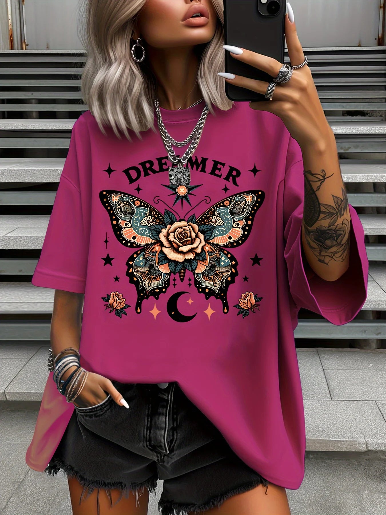 Plus Size Fashion Women's T-Shirt Original Design Butterfly Pattern Printed Casual Round Neck Short Sleeved Top
