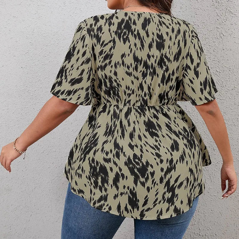 Plus Size Women's All-Over Printed V-Neck Short-Sleeved Elastic Waist Summer Casual Tops