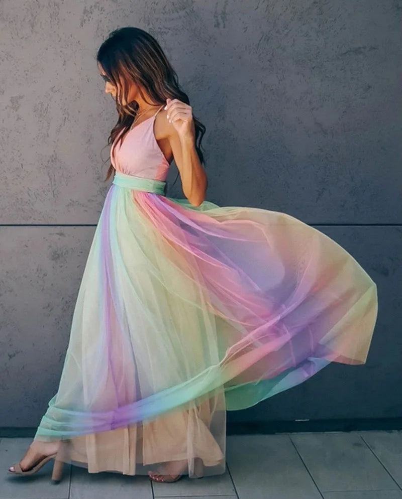 Deep V-neck Rainbow Mesh Sexy Dress High Waist Dress . S-xxL