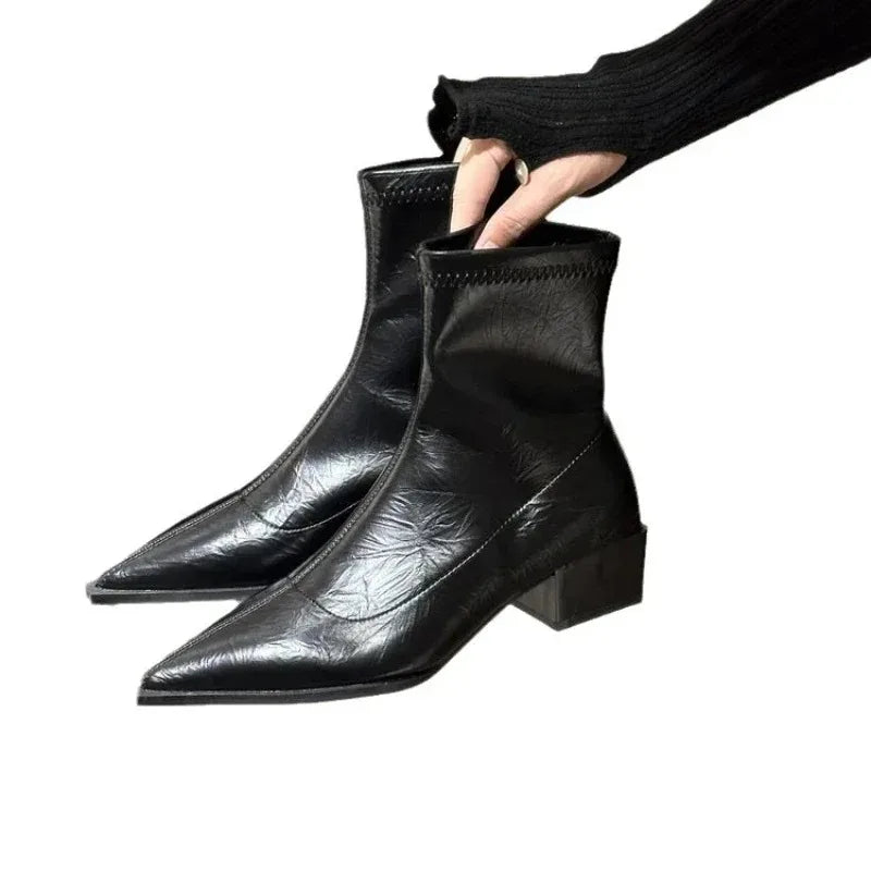 Autumn Women Ankle Boot Pointed Toe Square Low Heel Casual Footwear.