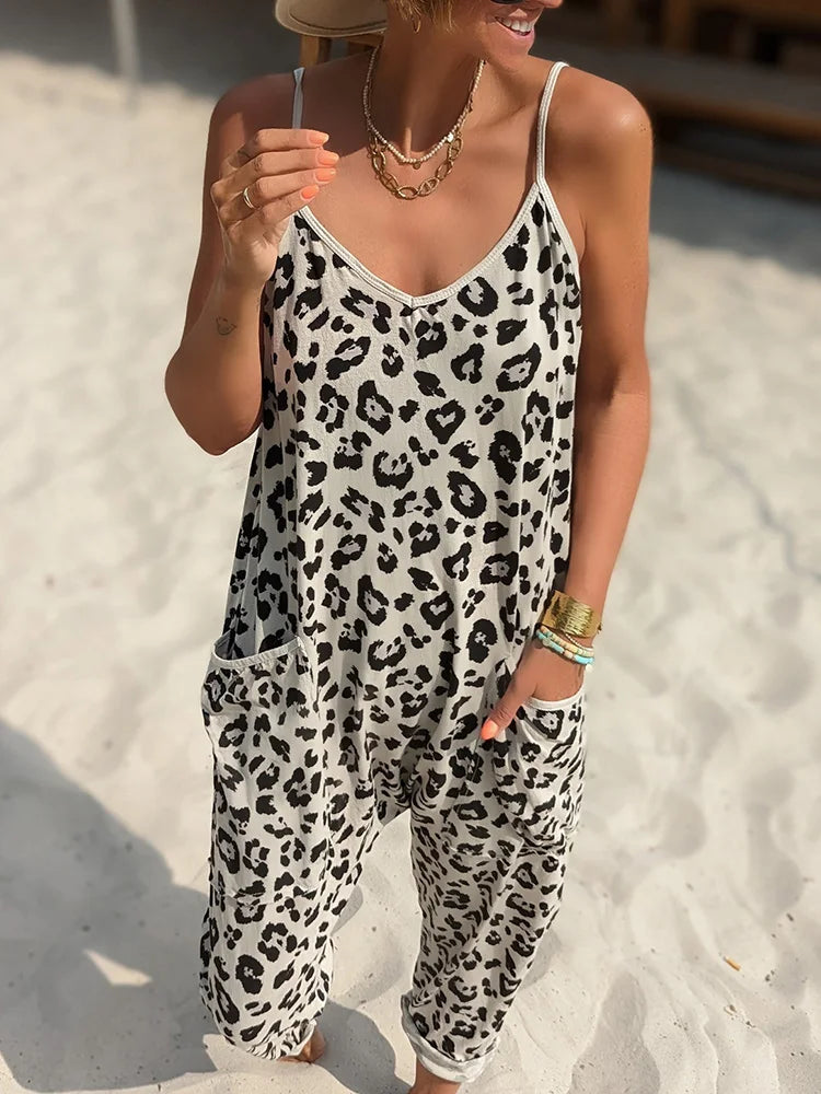 2025 Women Summer Loose Sleeveless Jumpsuits V-Neck Sling Leopard Ladies Casual Jumpsuit. S-xl