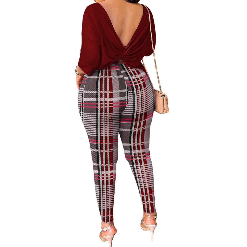 Women Two-Piece Plus Size Long Sleeves Top Plaid Print Pant Set