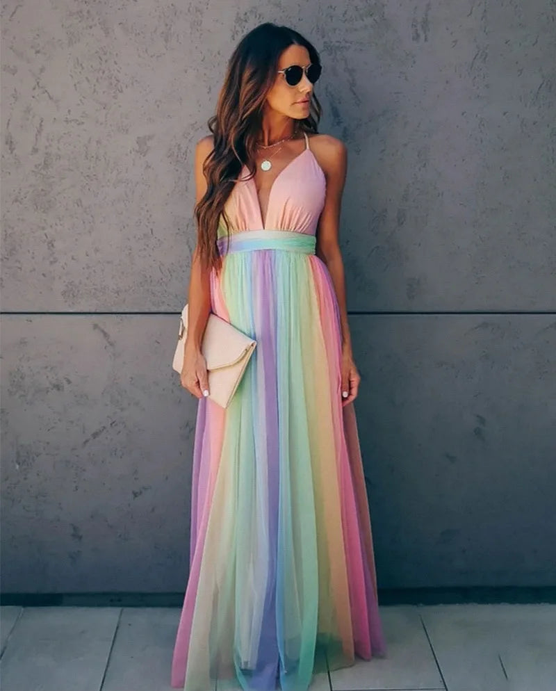 Deep V-neck Rainbow Mesh Sexy Dress High Waist Dress . S-xxL