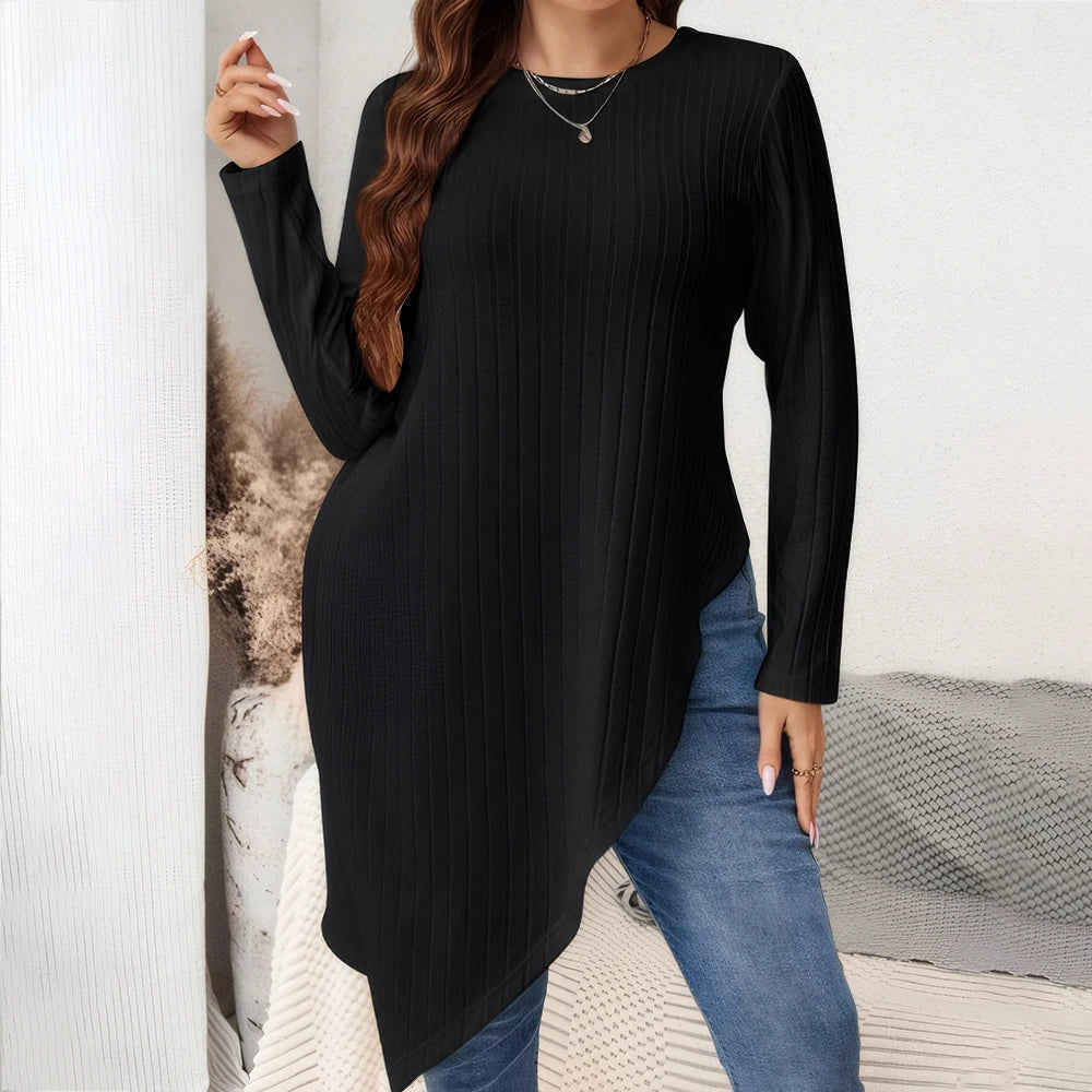 Women's Irregular Hem Ribbed Knit Top Blouses Plus Size Winter Long Sleeve Round Neck Long T-shirts Streetwear Pullovers Clothes