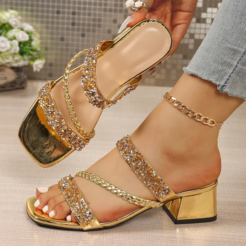Fashion 2025 Summer Quality Sequins Square Heel Sandals.