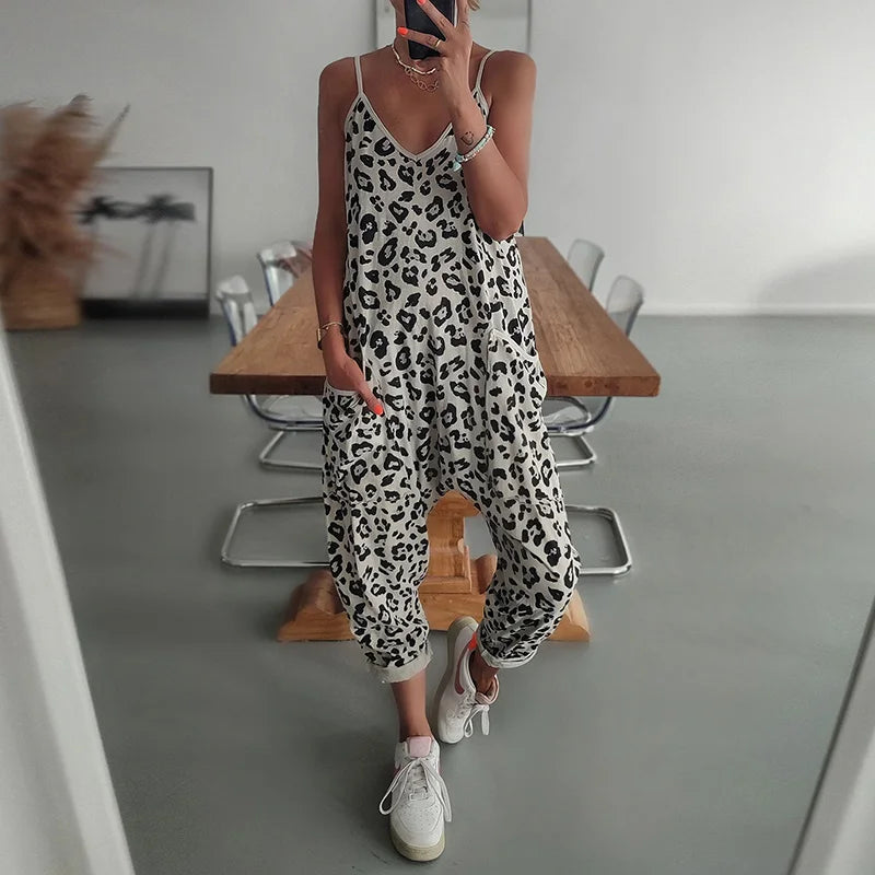 2025 Women Summer Loose Sleeveless Jumpsuits V-Neck Sling Leopard Ladies Casual Jumpsuit. S-xl