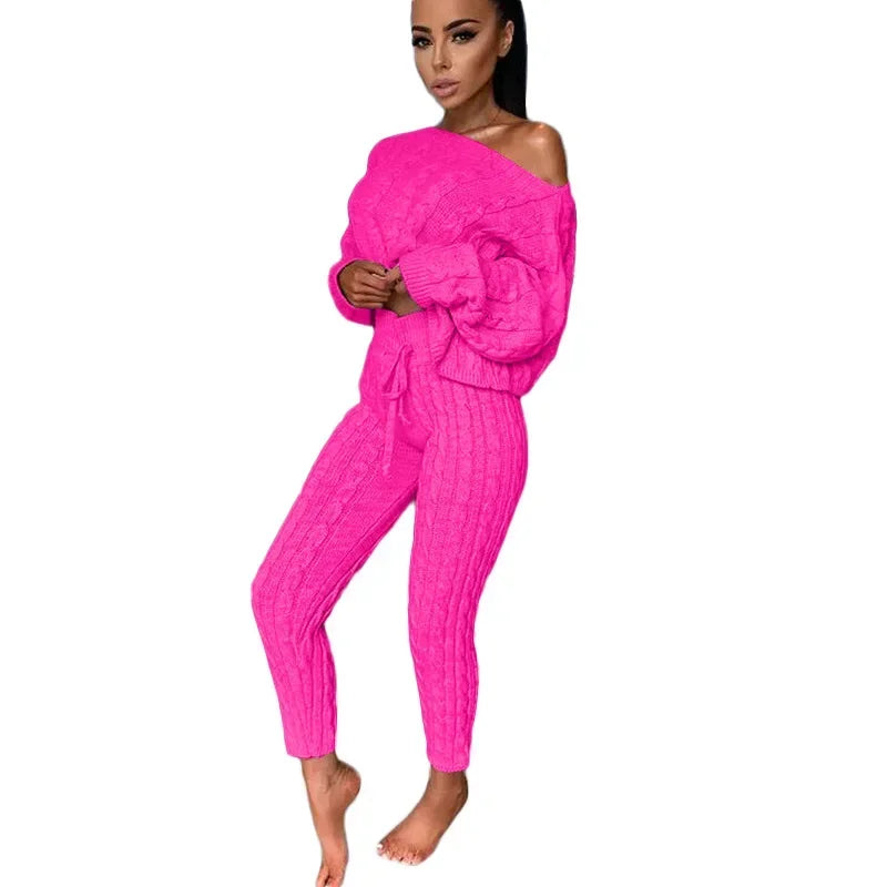 Ladies Comfy Two Piece Set Autumn and Winter Wear Pant Suit Solid Casual Knitted Sweater Set. S-3x