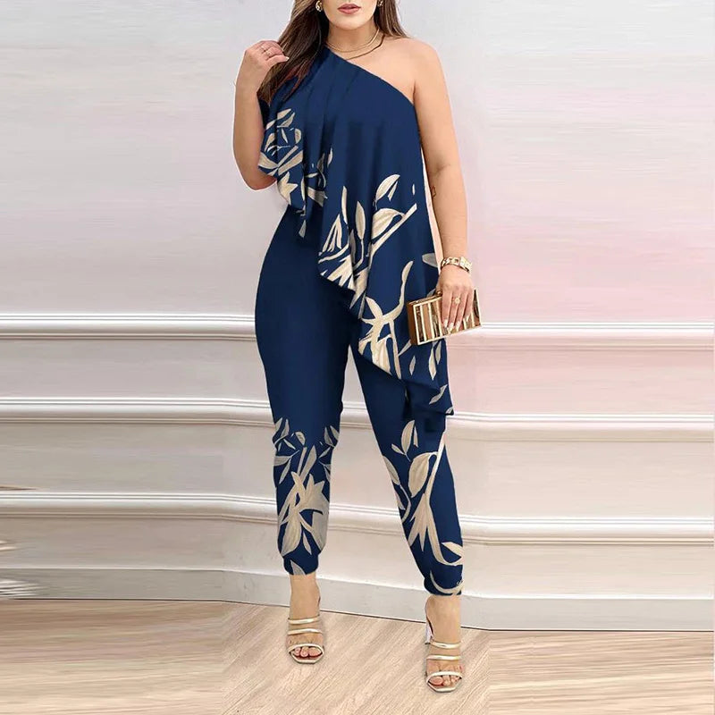 New Pencil Pants Women Summer Printed Fashion Skew Collar Sleeveless Ruffles Jumpsuit. S-2x