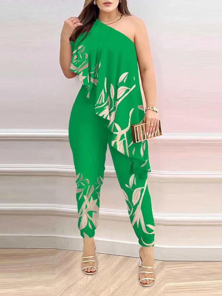 New Pencil Pants Women Summer Printed Fashion Skew Collar Sleeveless Ruffles Jumpsuit. S-2x