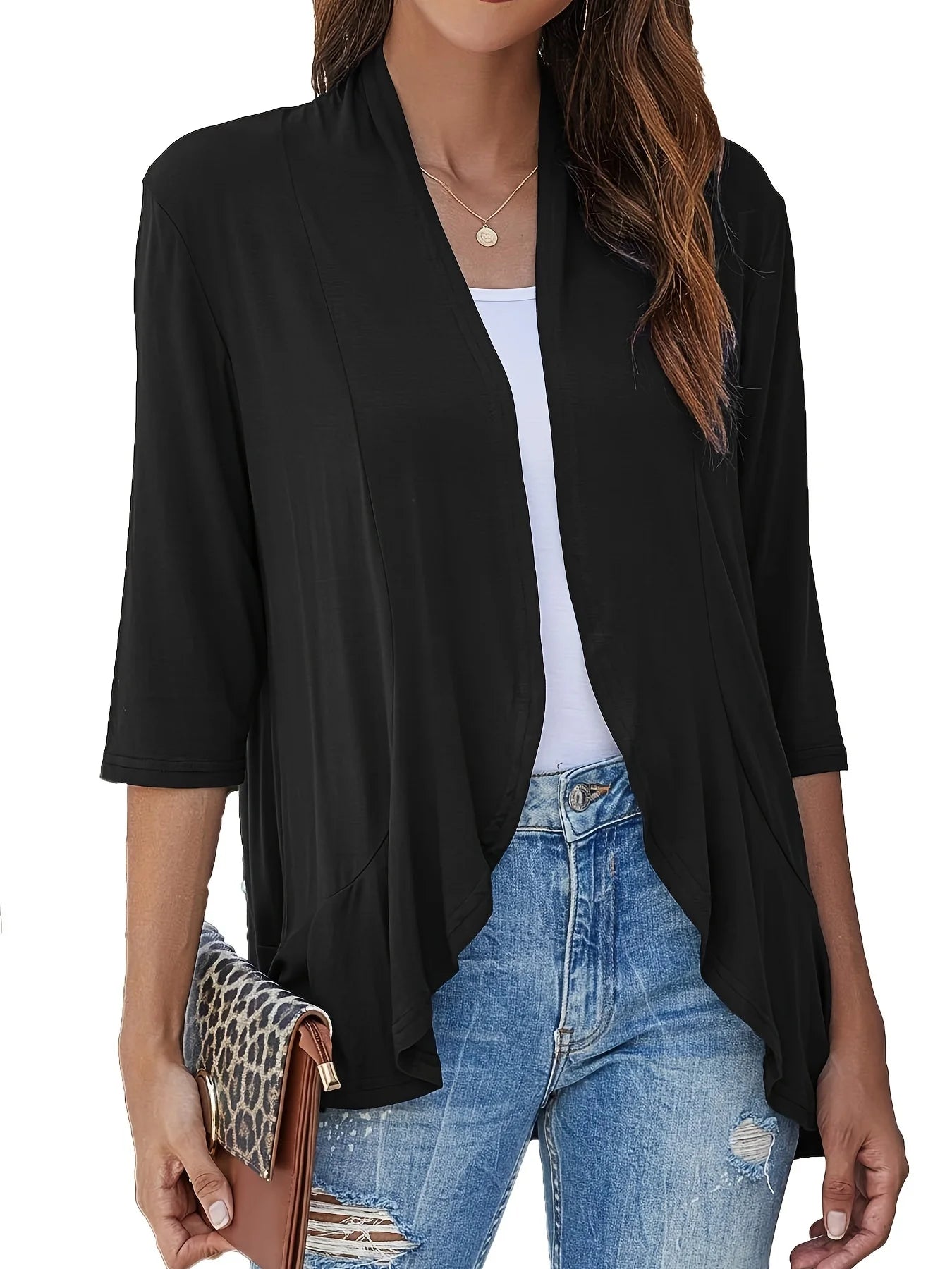 Plus Size Loose Pleated Cardigan Casual Frill Solid 3/4 Sleeve