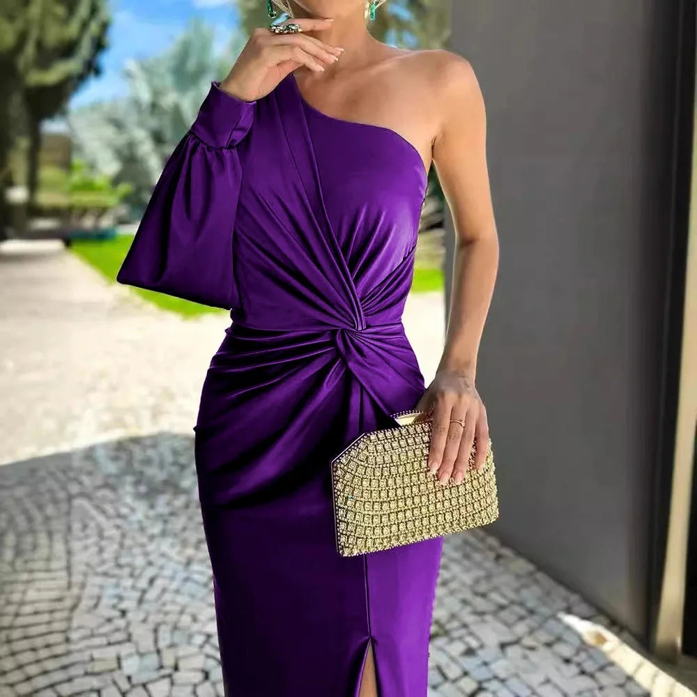 Women's Sexy Party Spring Summer New Skew Collar Fashion Maxi Dress One Shoulder Ladies Dress. S-3X