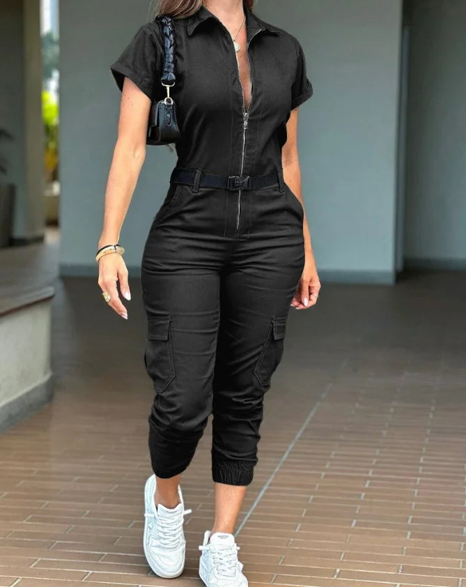 New Fashion Summer Casual Solid Colour Short Sleeved High Waist Jumpsuit. S-XL