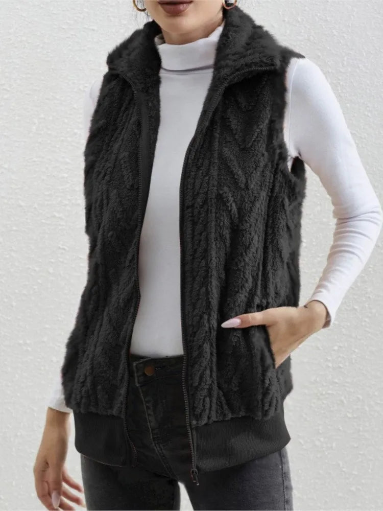 Fashion Plush Cardigan Vest For Women Casual Zipper Lapel Pocket Solid Color Warm Women's Vest 2025. S-3X