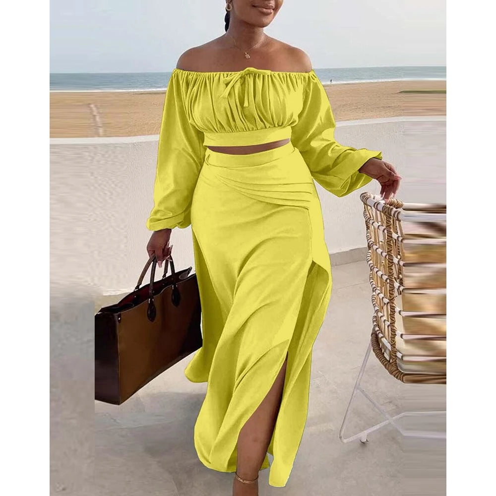 Women Ruched Lantern Long Sleeve Off Shoulder Crop Top & High Waist Side Slit Maxi Skirt Set Solid Two Pieces Outfit. S-3xl